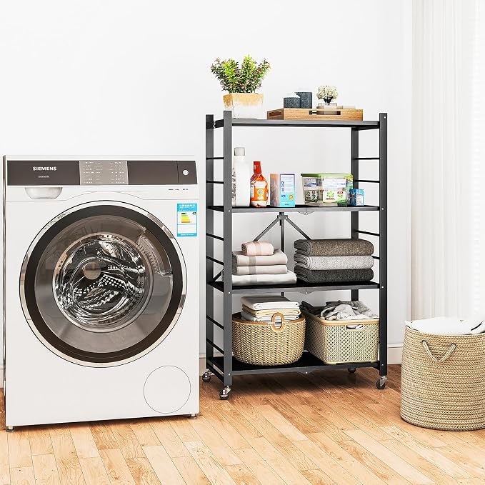 Fenbeli 4 Tier Folding Storage Shelf with Wheels, Heavy Duty Metal Shelving Unit No Assembly, Foldable Rolling Storage Rack 600 LBS Capacity, Locking Casters for Garage Kitchen Pantry