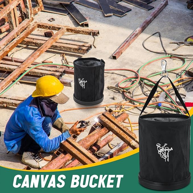1 Pack 15" x 12" Canvas Tool Bucket Bag, Heavy Duty 150 Lbs Load Capacity, Truck Tool Organizer with Plastic Bottom Metal Hook for Linemen Electricians & Construction Workers (Black)