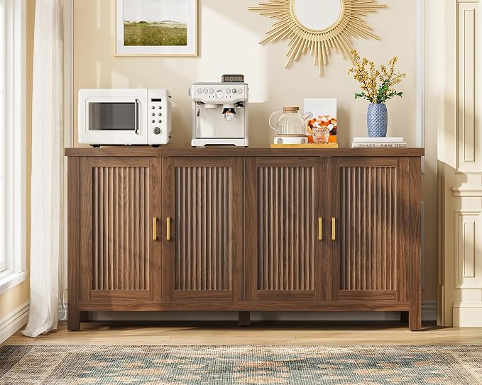 usikey Buffet Cabinet with Storage, 55" Fluted Sideboard Cabinet with 4 Adjustable Shelves, Modern Coffee Bar with 4 Doors, Coffee Bar Cabinet for Kitchen, Walnut