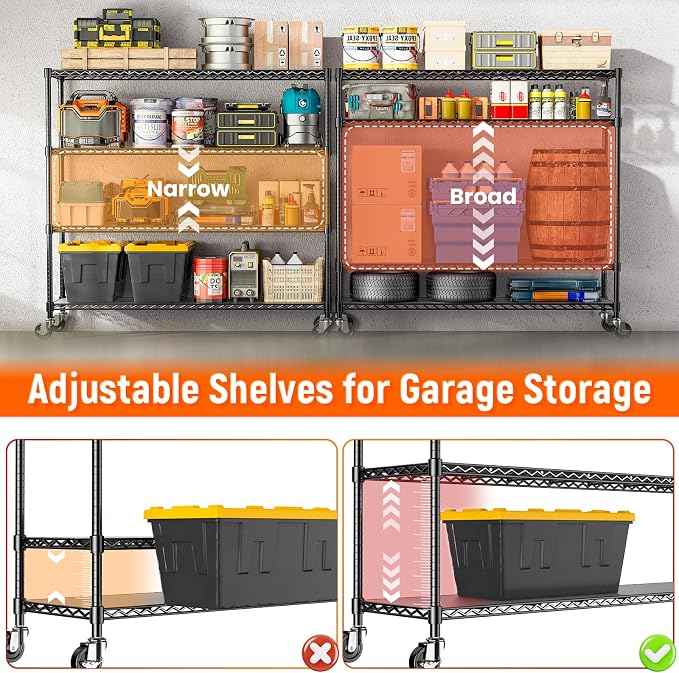 48" W Storage Shelves 1500LBS Metal Shelving Unit with Wheels, Adjustable Garage Shelving Heavy Duty Wire Rack with Liners for Pantry Warehouse Commercial Office, 48" W x 18" D x 76.77" H