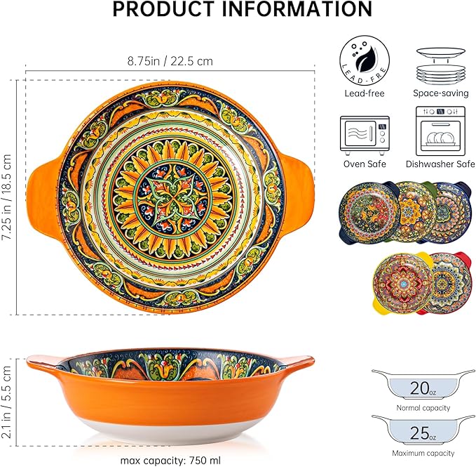 Henten Home Ceramic Soup Bowls Set，30 oz Ceramic Pasta Bowls Set of 6, Colorful Serving Bowl with Handle, for Salad, Cereal, Dinner, Bohemian Style, Microwave & Dishwasher Safe