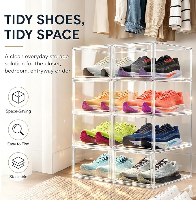 12 Pack Drop Front Shoe Boxes Acrylic Box Sneaker Case Size 12, Transparent Display Cases for Sneaker Collections, Baseball Caps, Hat Organizer Dust-free Shoe Cubbies Stackable Sneaker Boxes