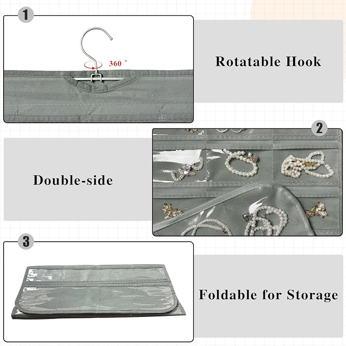 Hanging Jewelry Organizer 80-Pocket Double-Sided Storage, 2-Pack, Gray | Foldable clear PVC 80-pocket storage; swivel hook fits walls, doors & rods to organize earrings, necklaces, bracelets & rings