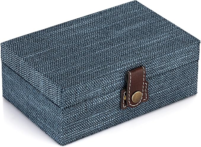 Hipiwe Treasure Chest Jewelry Box Wooden Decorative Box with Linen Covered | Memento Case Box with Clasp Lid, Rectangular Keepsake Box Photos Storage Organizer Home Decor, Blue