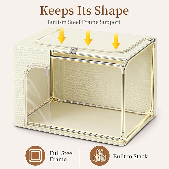 GoMaihe 3 Opening Clothes Storage Bins with Metal Frame, 66L Blanket Storage Organizer for Walk-in Closet Large Storage Boxes with Clear Window for Bedding Winter Clothing 3-Pack Beige