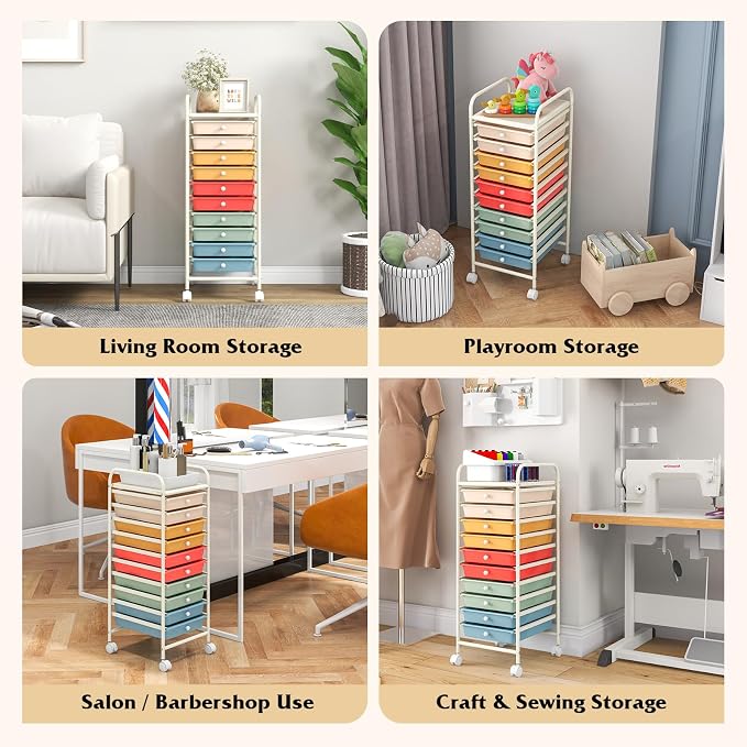 DREAMADE Rolling Cart With Storage Drawers, Utility Cart With Removable Plastic Drawers, Lockable Wheels for Classroom Organization, Art Supplies, Office, Scrapbook (10 Drawers, Macaron)