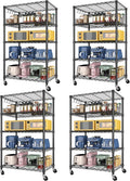 Wire Storage Shelves with Wheels: 5 Tier Adjustable Metal Shelving Unit, Heavy Duty Bakers Rack Rolling Pantry Shelf Organizer for Closet, Kitchen, Laundry 24" W x 18" D x 75" H, Black, 4PCS