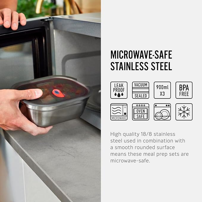 BLACK + BLUM Stainless Steel Microwave Safe Container Set | 30 oz x 3 | Leak Proof & Airtight, Metal Meal Prep Containers, Durable & Reusable, Stackable Food Storage, Lunches & Batch Prep
