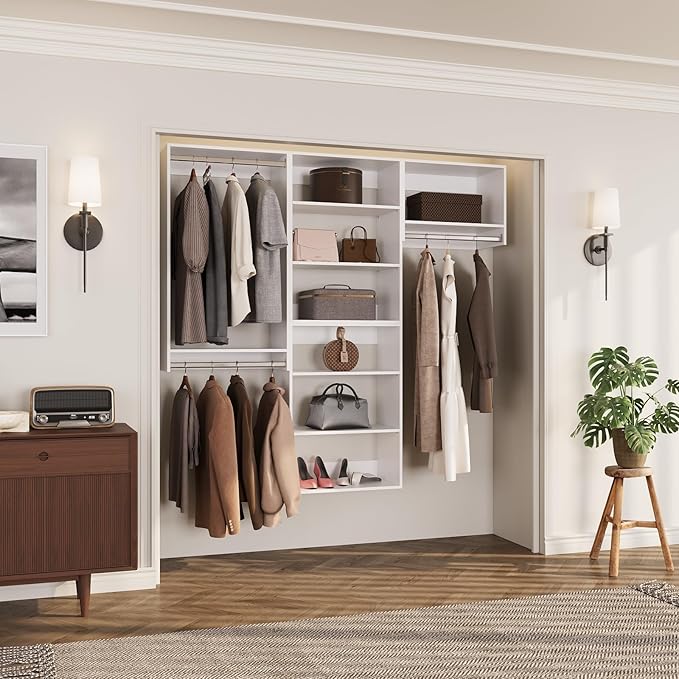 ROOMTEC Modular Closet System, 90" Wall-Mounted Closet Organizer with Hanging Rods, Modern Wooden Tower for Walk-In Closets, Wardrobe Storage Kit, White