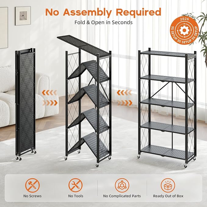 Fenbeli Foldable Shelves with Wheels - 5 Tier Folding Shelf, Collapsible No Assembly Metal Shelving Unit, Origami Storage Shelves & Rolling Storage Rack with 8 Hooks for Kitchen Pantry Garage