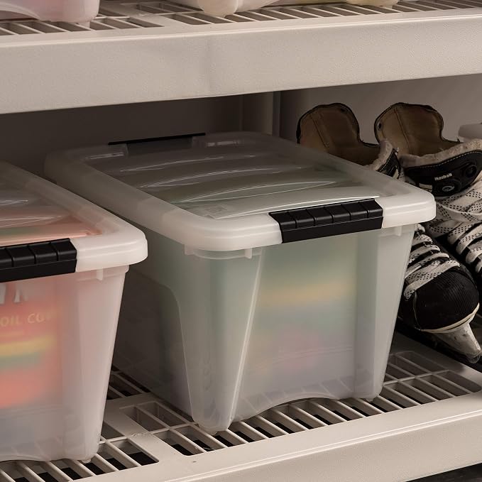 IRIS USA 19 Qt Stackable Plastic Storage Bins with Lids, 6 Pack - BPA-Free, Made in USA - Discreet Organizing Solution, Latches, Durable Nestable Containers, Secure Pull Handle - Pearl