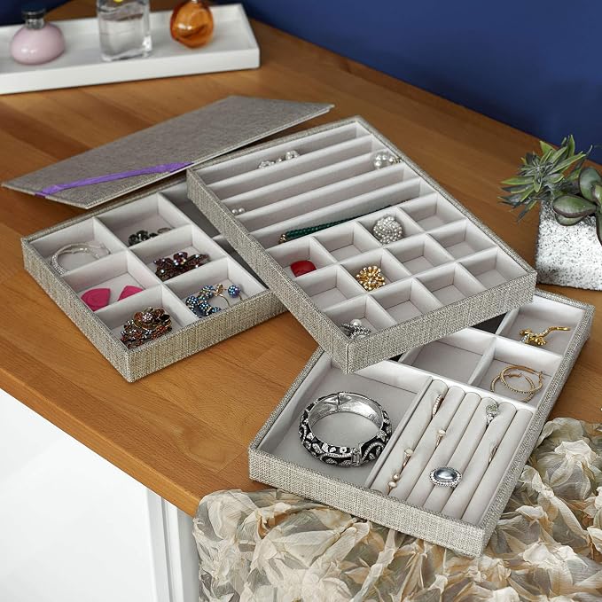 Household Essentials Stackable Jewelry Trays, 3 Varieties, Space for Necklaces, Rings and Earrings, Blended Canvas with Felt Interior, Perfect for Drawers and Closet Shelves, Latte