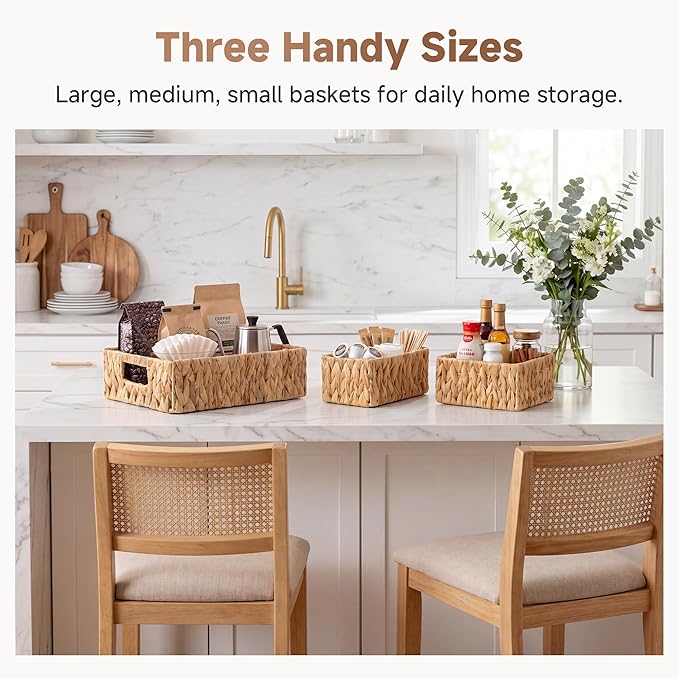 StorageWorks Pantry Baskets for Shelves 3 Pack, Rectangular Wicker Basket with Handles, Natural Water Hyacinth Woven Baskets for Living Room, Toilet, Shelf Storage Basket for Home Decor
