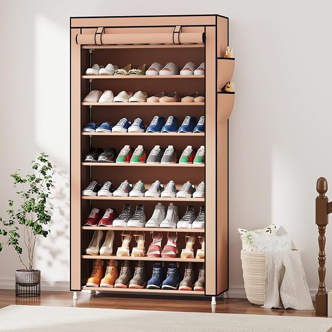 Laiensia 9-Tier Vertical Shoe Rack Organizer, Space Saving Shoe Storage Organizer, Non-Woven Cover Shoe Shelf Holds 36-45 Pairs for Bedroom, Hallway, Closet Entryway, Brown