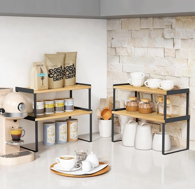 Goozii Kitchen Cabinet Shelf Organizer Set of 4, Stackable Cabinet Shelves Riser for Plates Dishes Cups Mugs Spices, Pantry Cupboard Cabinet Organizers and Storage Shelves Rack Insert for Counter