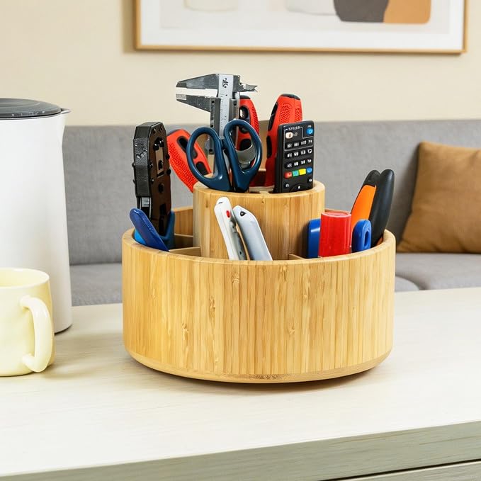 Utoplike Large Bamboo Rotating Pencil Holder, 360° Colored Pen Organizer | Spinning Art Supply Desk Caddy with Raised Center, 11-Compartment Desktop Storage for Pens, Markers and Office Supplies