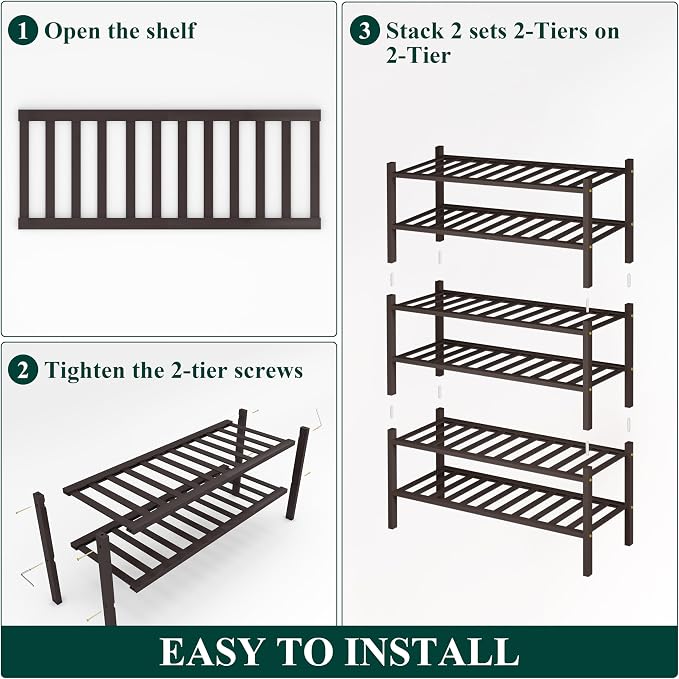 Smiry Bamboo Shoe Rack, 6 Tier Free Standing Wooden Shoe Organizer, Stackable Wood Shoe Storage Shelf for Closet, Entryway, 14 Vertical Slats, 2+2+2 Stack Heavy-Duty Legs, 26.8"x11"x39", Brown