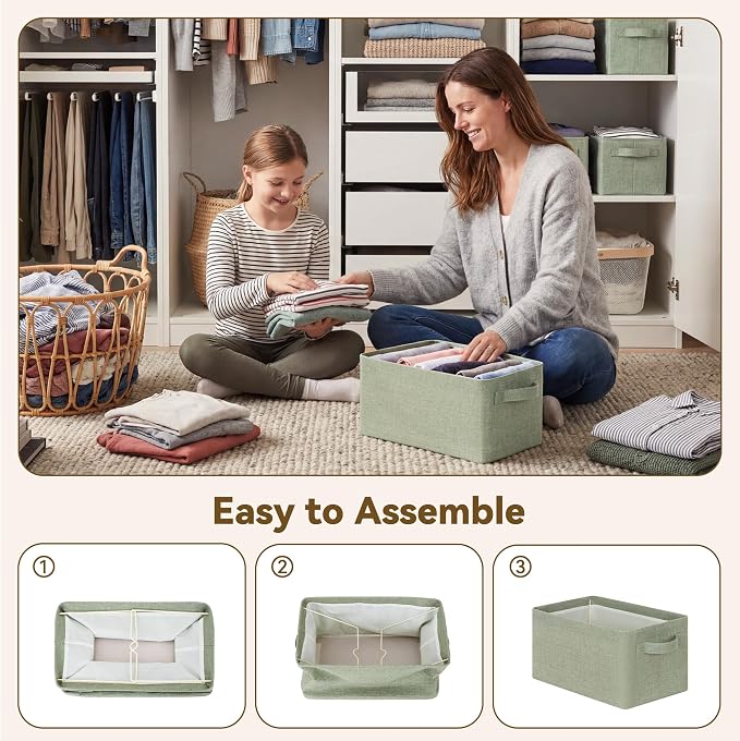 GRANNY SAYS Storage Bins for Closet, Linen Closet Organizers and Storage Baskets with Metal Frame, Storage Bins for Organizing Living Room, Bedroom Wardrobe, Foldable, Sturdy, Sage Green, 2-Pack