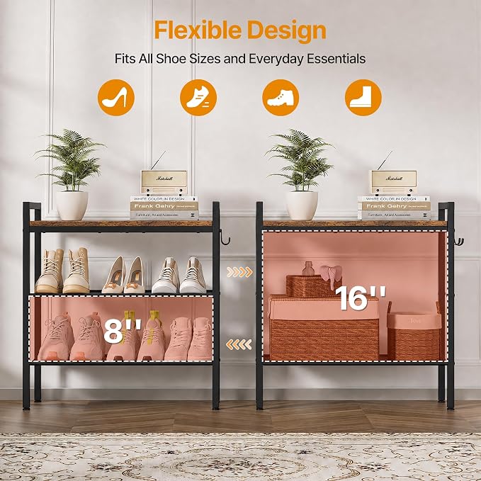 3 Tier Shoe Rack, Shoe Rack for Entryway with Hook, Shoe Organizer with Adjustable Mesh Shelves, Metal Shoe Storage, Closet, Bedroom Living Room Garage