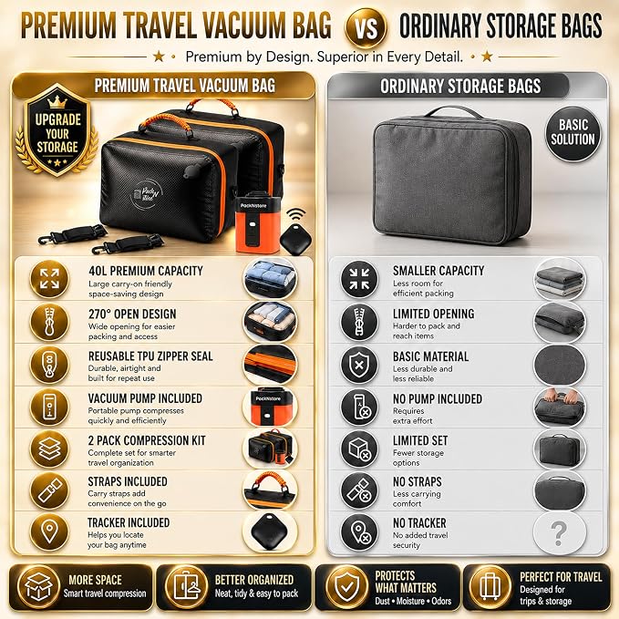 40L Premium Travel Vacuum Bags with Pump, 270° Open Carry on Suitcase Compression Bags for Luggage, Reusable TPU Zipper Seal, Vacuum Bags for Travel with Pump, 2 Pack Compression Kit, Straps & Tracker