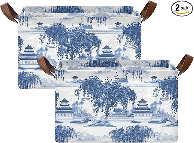 Blue and White Porcelain Pavilions Willow Tree Storage Bins for Shelves with Labels&Handles Fabric Organizer Bin Foldable Rectangle Storage Basket Boxes for Closet, Bathroom, Home, Living Room, 2 Pack
