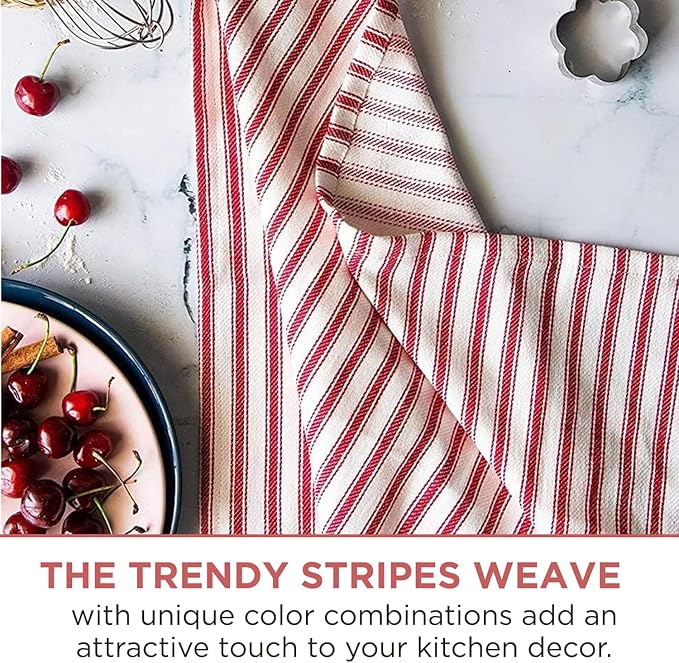 Stripe Kitchen Towels With Hanging Loop - Boho Absorbent Dish Towels Set of 3 - Reversible Reusable 18x28 Inch - Spring French Stripe Red - Festive Gift
