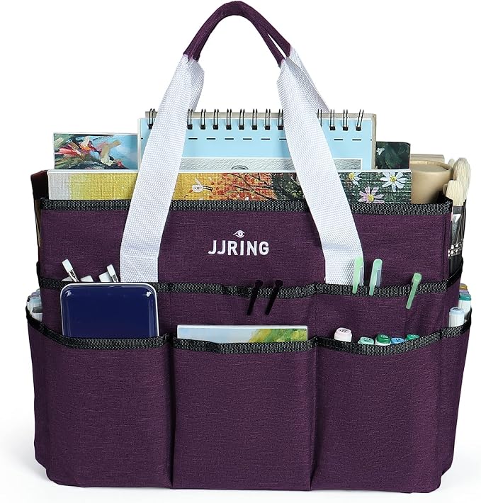 JJRING Craft Organizer Tote Bag, Large Art Storage Caddy with Multiple Pockets, Deep Purple Sewing Bag for Art, Craft, Scrapbooking, Medical, and Office Supplies Storage