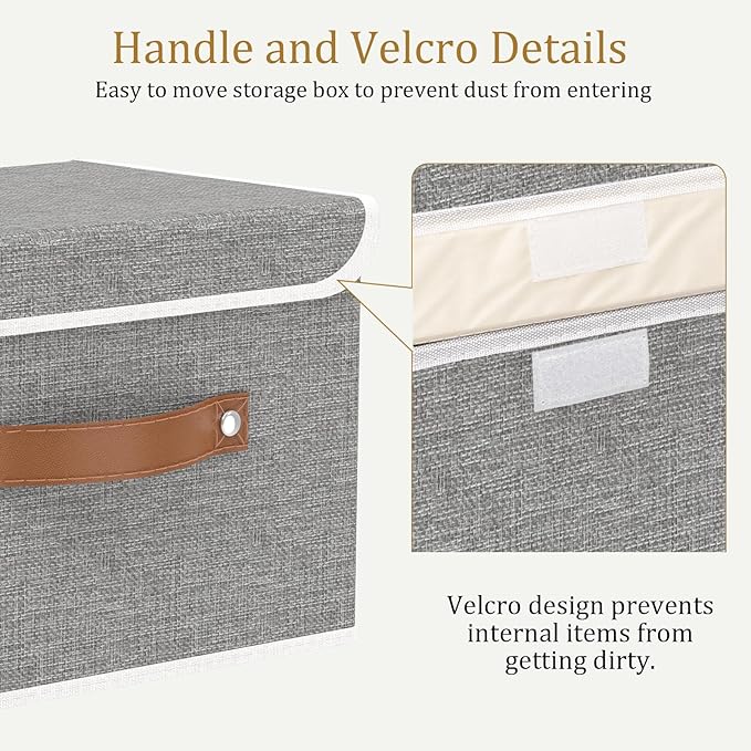 OUTBROS Storage Boxes, Collapsible Storage Bins with Lids, Cotton and linen cloth Storage Baskets with Handle, for Books, Closet, Grey, 3 Pack 10.2 x 7.9 x 6.7in