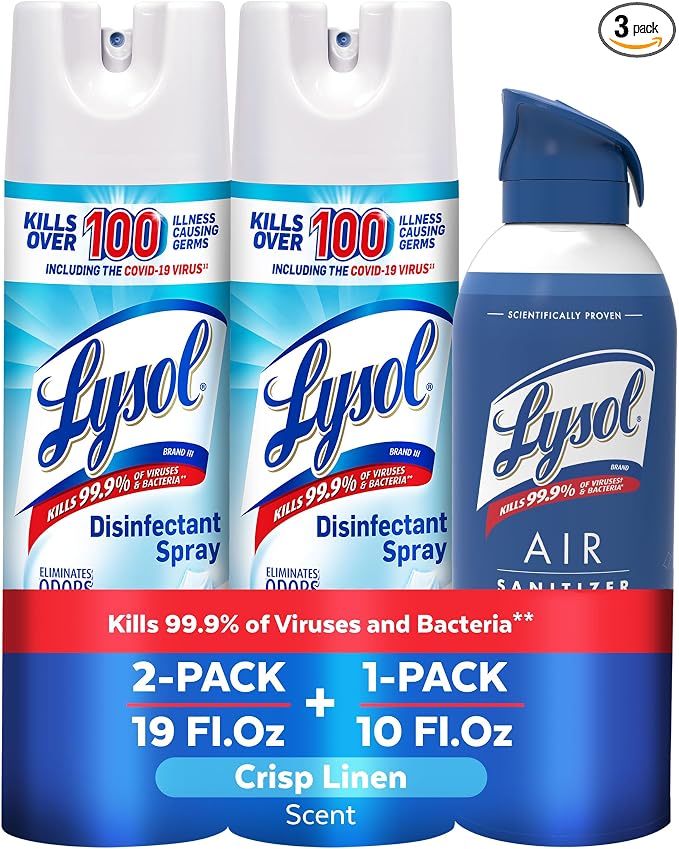 Lysol Bundle containing x2 Lysol Disinfectant Spray for Hard and Soft Surfaces, Crisp Linen, 19 Fl. Oz + Lysol Air Sanitizer Spray, For Air Sanitization and Odor Elimination, White Linen, 10 Fl. Oz