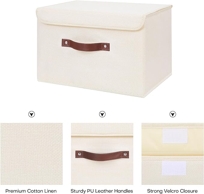 ANMINY 2PCS Storage Bin with Lid Storage Boxes with PU Leather Handles PP Plastic Board Decorative Foldable Lidded Cotton Linen Fabric Home Cubes Baskets Closet Organizer Container - Beige, Medium