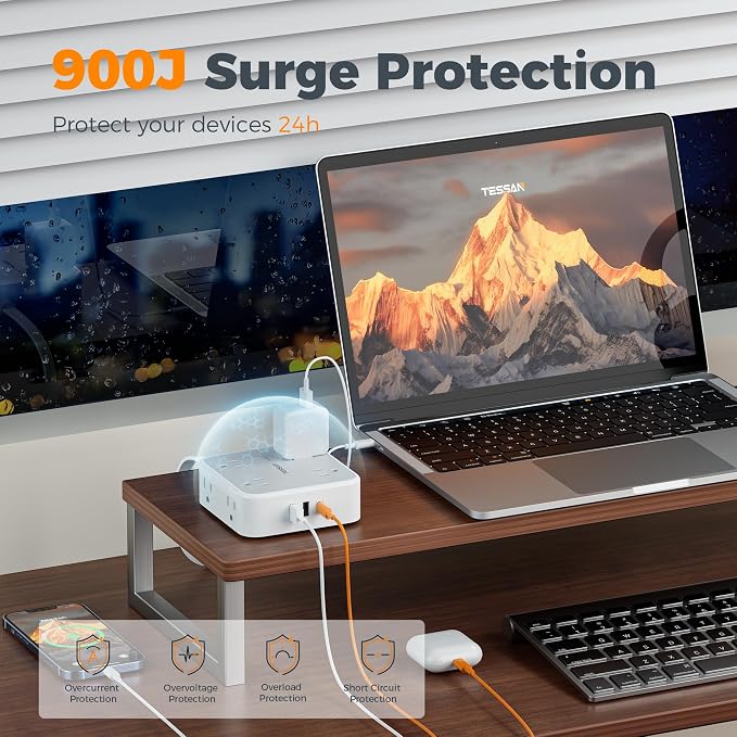 TESSAN Surge Protector Power Strip, 10 Ft Flat Plug Extension Cord with 3 USB (1 USB C 20W PD) 8 Outlets, 900J Protection, 3 Sided Outlet Extender with Power Switch for Office, Dorm Room, Grey