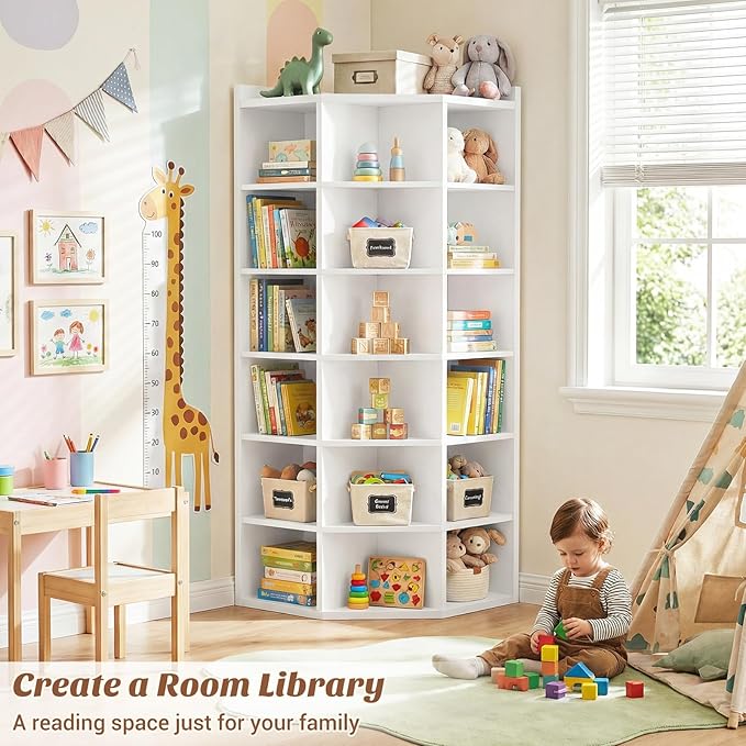 Aheaplus Corner Cube Book Shelf, 7-Tier Corner Storage Cabinet with Top Table, Corner Cube Storage Shelf for Small Space, Wooden L Shaped Cubby Bookcase for Home Office, Bedroom, Living Room, White