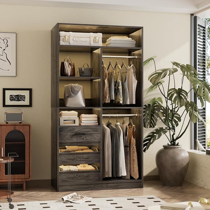 Besiost 36 Inches Modular Closet Drawers System, 3FT Wood Closet Organiser with Closed & Half-Open Drawers, Walk-in Freestanding Wardrobe Storage Cabinet with 6 Shelves, Oak (36" L x 15" W x 80" H)