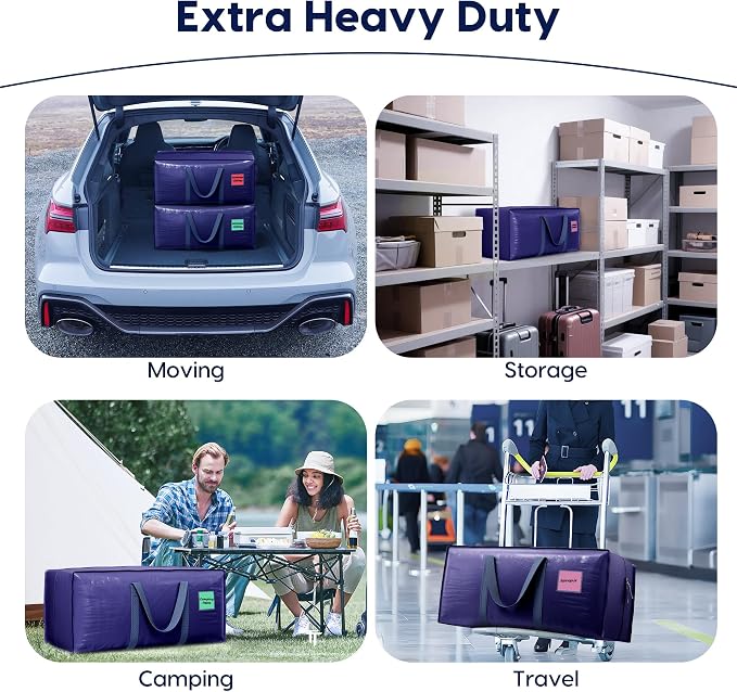 6 Pack Moving Bags Heavy Duty 210GSM with Full-Open Side Zipper, 93L 220lbs Waterproof Foldable Storage Totes for College Dorm Move-In, Moving Boxes Alternative & Home Organization, Blue