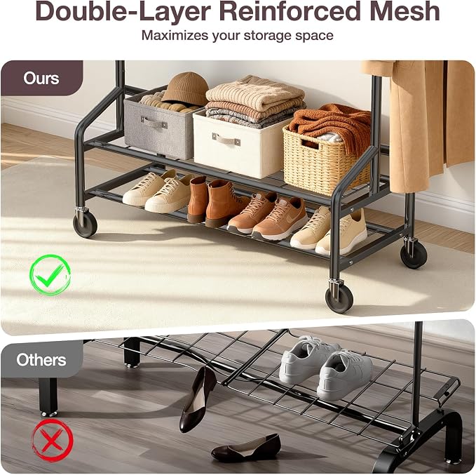 Heavy Duty Clothes Rack, Rolling Clothing Rack Load 650 LBS for Hanging Clothes with 2 Sturdy Shelves, Metal Garment Rack with Wheels for Bedroom, Laundry Room, Retail Store, Black