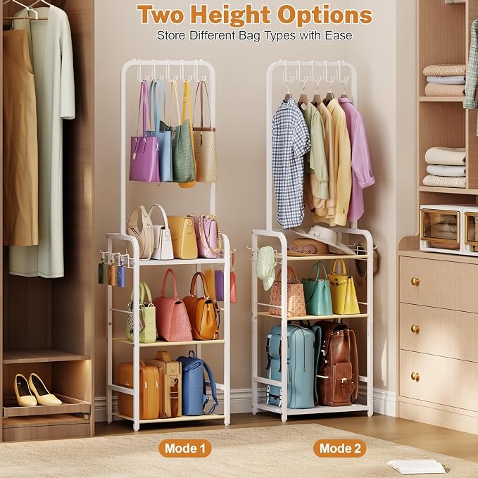 Tall Purse Organizer for Closet with 5 Purse Hanger & 6 Side Hooks, 4 Tier Floor-Standing Purse Rack Stand for Purse Storage, Narrow & High-Capacity Handbag Organizer, Backpack Storage for Small Place