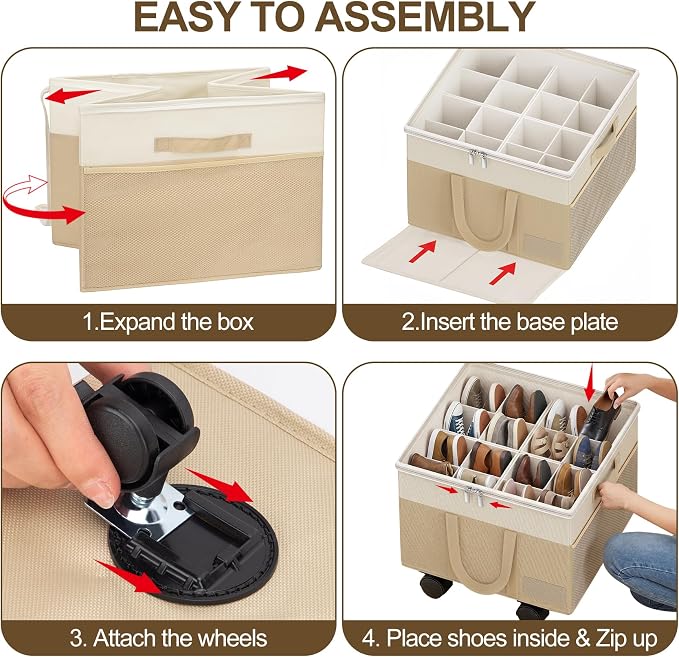 2 Pack Large Shoe Organizer for Closet, 32 Pairs Shoe Storage Box Beige | 360° Wheels & Reinforced Handles, Adjustable Dividers, Clear Cover, Side Pocket, Foldable Oxford Fabric Bin for Entryway