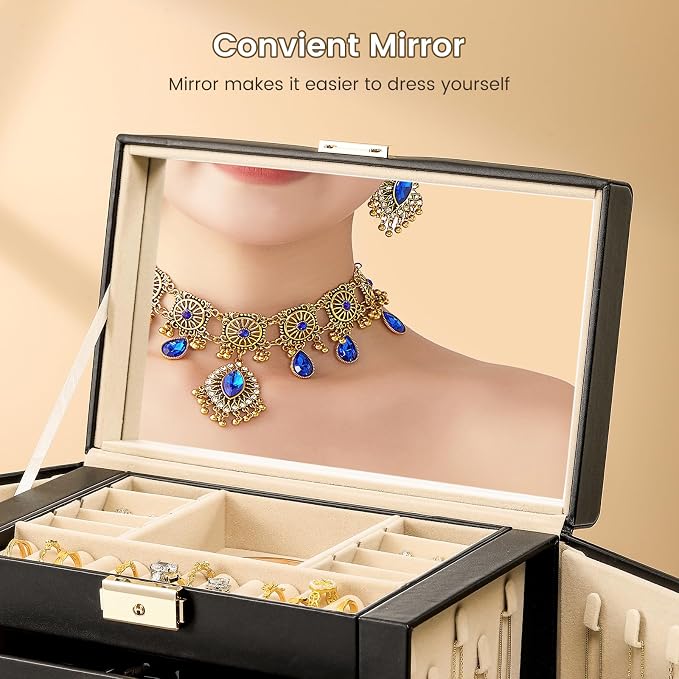Synthetic Leather Huge Jewelry Box Mirrored Watch Organizer Necklace Ring Earring Storage Lockable Gift Case (Black)