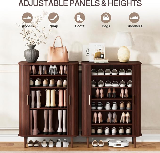 DHH Shoe Storage Cabinet with Sliding Door, 6-Tier Shoe Cabinet with Adjustable Shelves, Modern Freestanding Shoe Storage Organizer for Entryway, Hallway, Living Room (Walnut, 31.5 ")