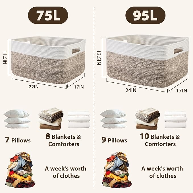 Optish 95L Blanket Basket, Large Woven Baskets for Storage, Blanket Storage for Living Room, Rope Basket with Handles for Bedroom, Nursery, Toys, Clothes, 24” x 17” x 13.5”, White & Brown