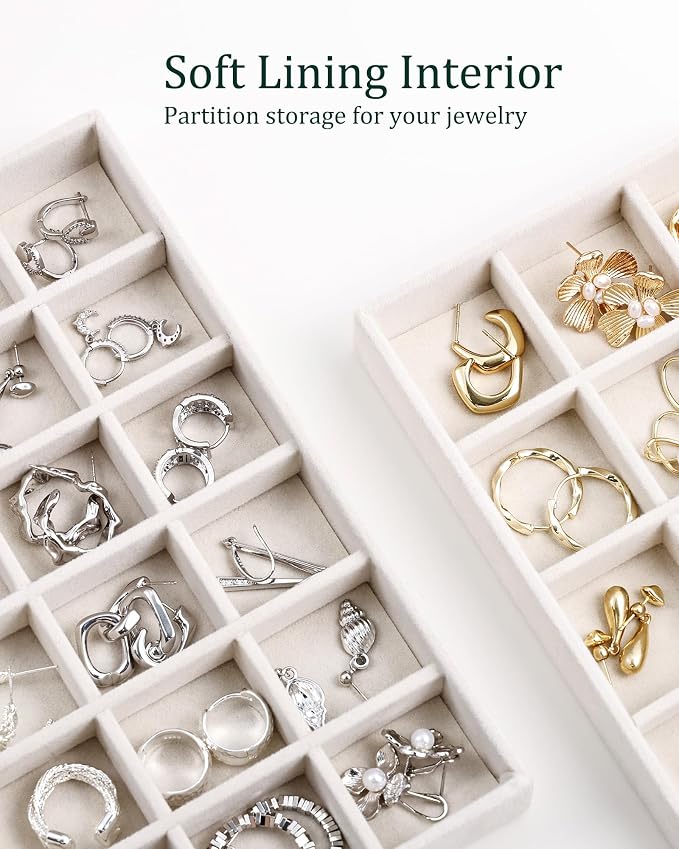 Stackable Jewelry Organizer Trays with Removable Dividers, 2-Tray Beige Jewelry Drawer Organizer Set for Earrings, Necklaces, Rings & Bracelets Gift for Her