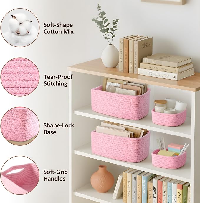5-Pack Small Woven Rope Storage Baskets, 2 Sizes Organizer Bins | Fabric Cube Boxes and Rectangular Shallow Bins for Closet, Shelf, Bookshelf, Nursery, Changing Table, Bathroom, Toys & Home