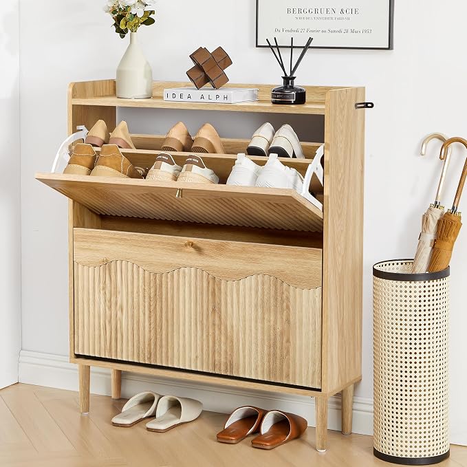 BERRYMERRY 31.5" Fluted Shoe Storage Cabinet for Entryway, 2 Flip Drawers Narrow Shoe Organizer for Hallway, Living Room