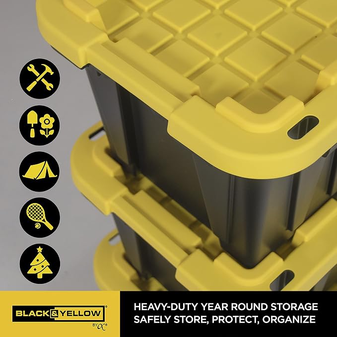 CX BLACK & YELLOW 12-Gallon Heavy Duty Storage Bins with Lids, Stackable Plastic Storage Bins, Dorm Room Essentials, Back to School, Classroom Organization, Home Organization, 4 Pack (12.51H x 16.3W x 21.8D)