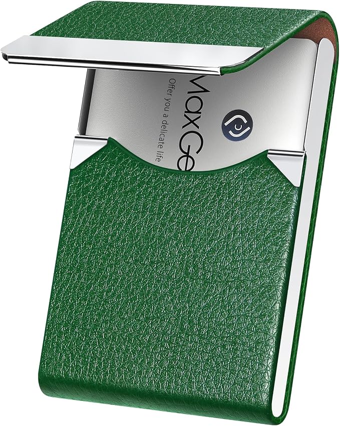 MaxGear Business Card Holder, PU Leather Business Card Case, Dark Green | Stainless Steel Interior, Magnetic Closure, RFID Blocking, Holds 15–25 Standard Business Cards