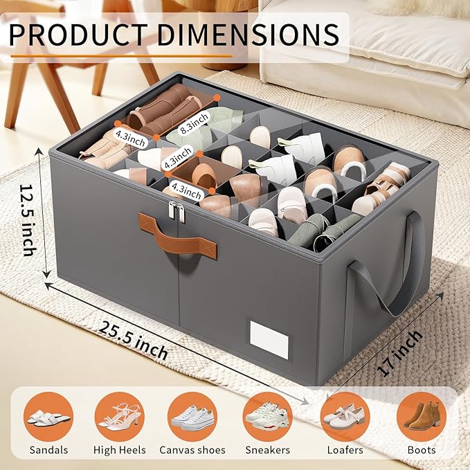 Shoe Organizer for Closet, Fits up to 40 Pairs, Gray, 2 Pack | Space Saving, Clear Cover, Reinforced Handles, Stackable & Foldable Fabric Shoe Storage Organizer Box for Entryway, Bedroom