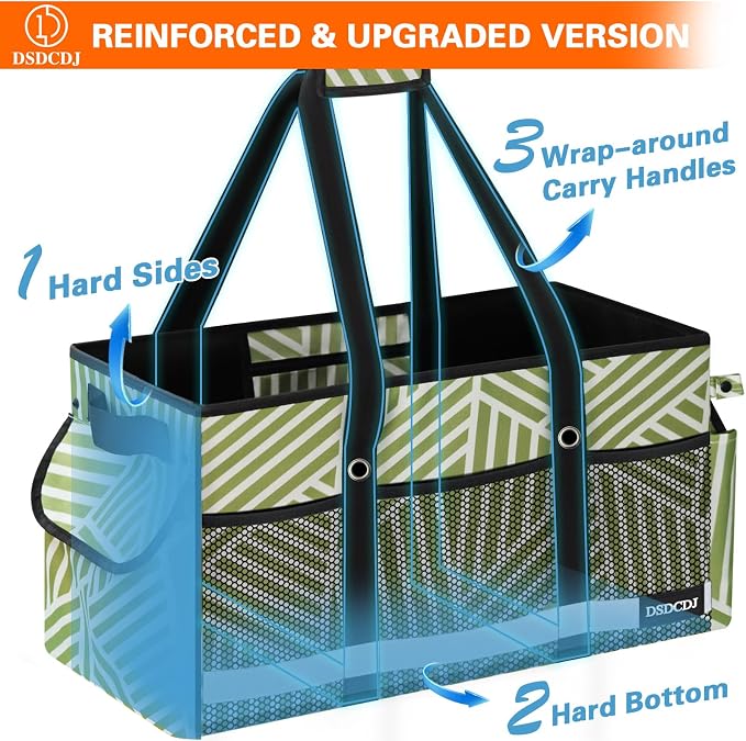 Upgrade Extra Large Utility Tote Bag with Reflective Strip, Standing Reusable Grocery Bags with Hard Bottom, Collapsible Utility Tote with Handles for Shopping, Beach, Picnics, Car, Twill Green
