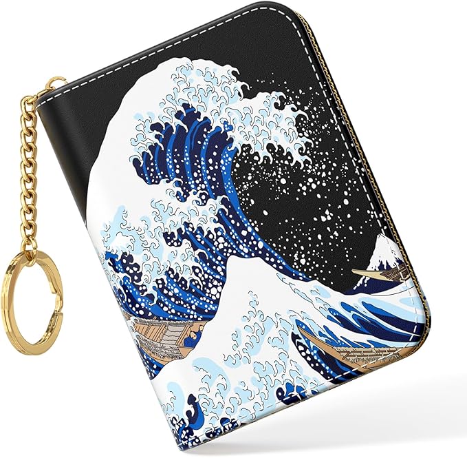 Nipichsha Credit Card Holder, Small RFID Card Wallet for Women, Slim Leather Card Holder Wallet, Credit Card Wallet Organizer, Pocket Business Card Case with Zipper & Keychain, Japanese Wave