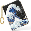 Nipichsha Credit Card Holder, Small RFID Card Wallet for Women, Slim Leather Card Holder Wallet, Credit Card Wallet Organizer, Pocket Business Card Case with Zipper & Keychain, Japanese Wave