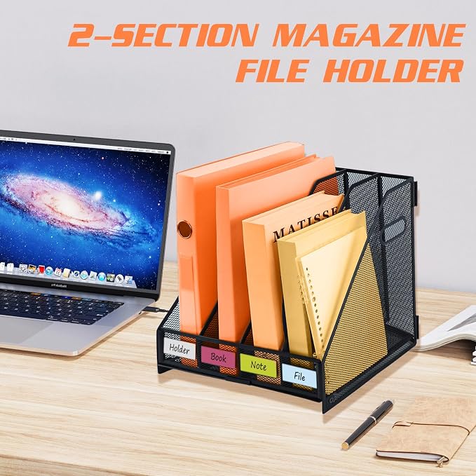 Desk File Organizer Metal Desk Magazine Folder With 4 Vertical Compartments Rack File Organizer For Office, Home, School, Black